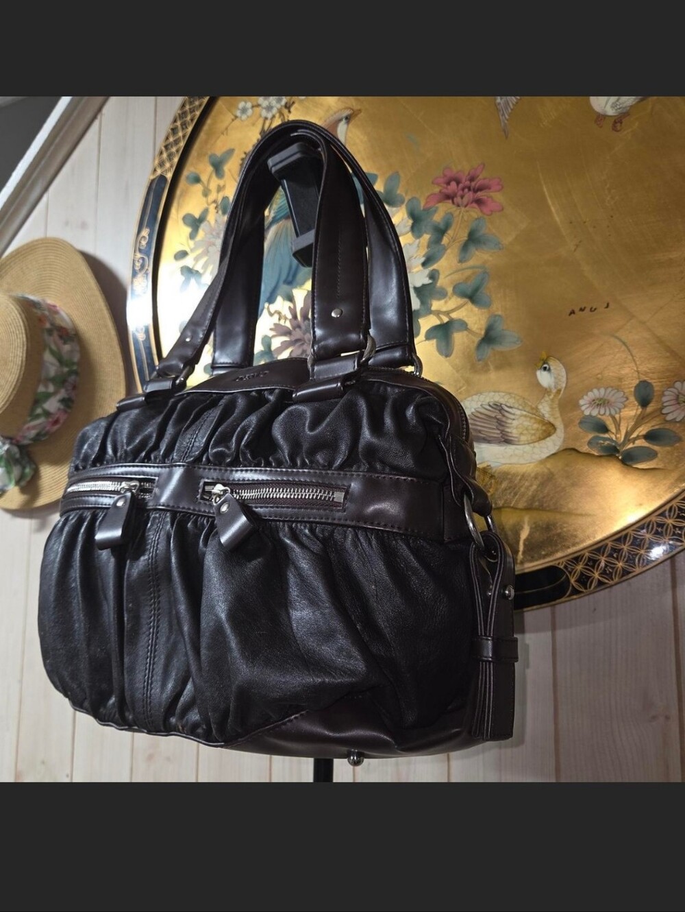 Classic Black Gathered Leather Messenger Bag